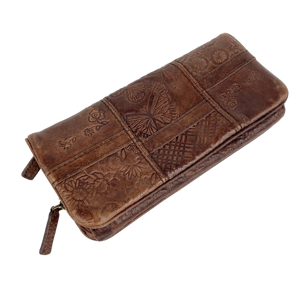 Fossil Embossed Leather Bifold Wallet Dk Brown Multi Pockets Clutch Supple Fine - Picture 2 of 7